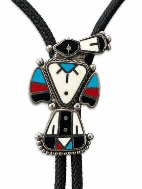 Vintage Southwestern Thunderbird Bolo Tie Colorful Inlay Silver Tone